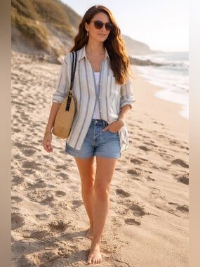 Madewell Linen Easy Y-Neck Button Up Shirt in Blue and Light Blue Mixed Stripe;